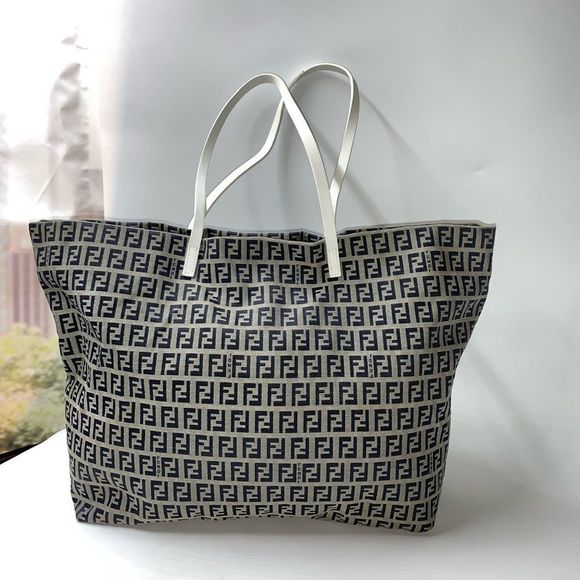 Fendi Handbags - Fendi Blue Zucca Canvas White Leather Tote Bag Shoulder Bag Large